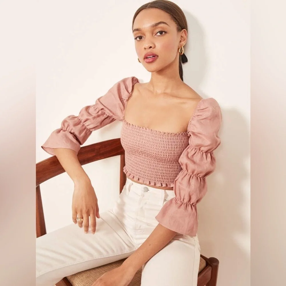 Reformation | Rose Maple‎ Puff Sleeve Peasant Smock Crop Linen Top Boho Medium